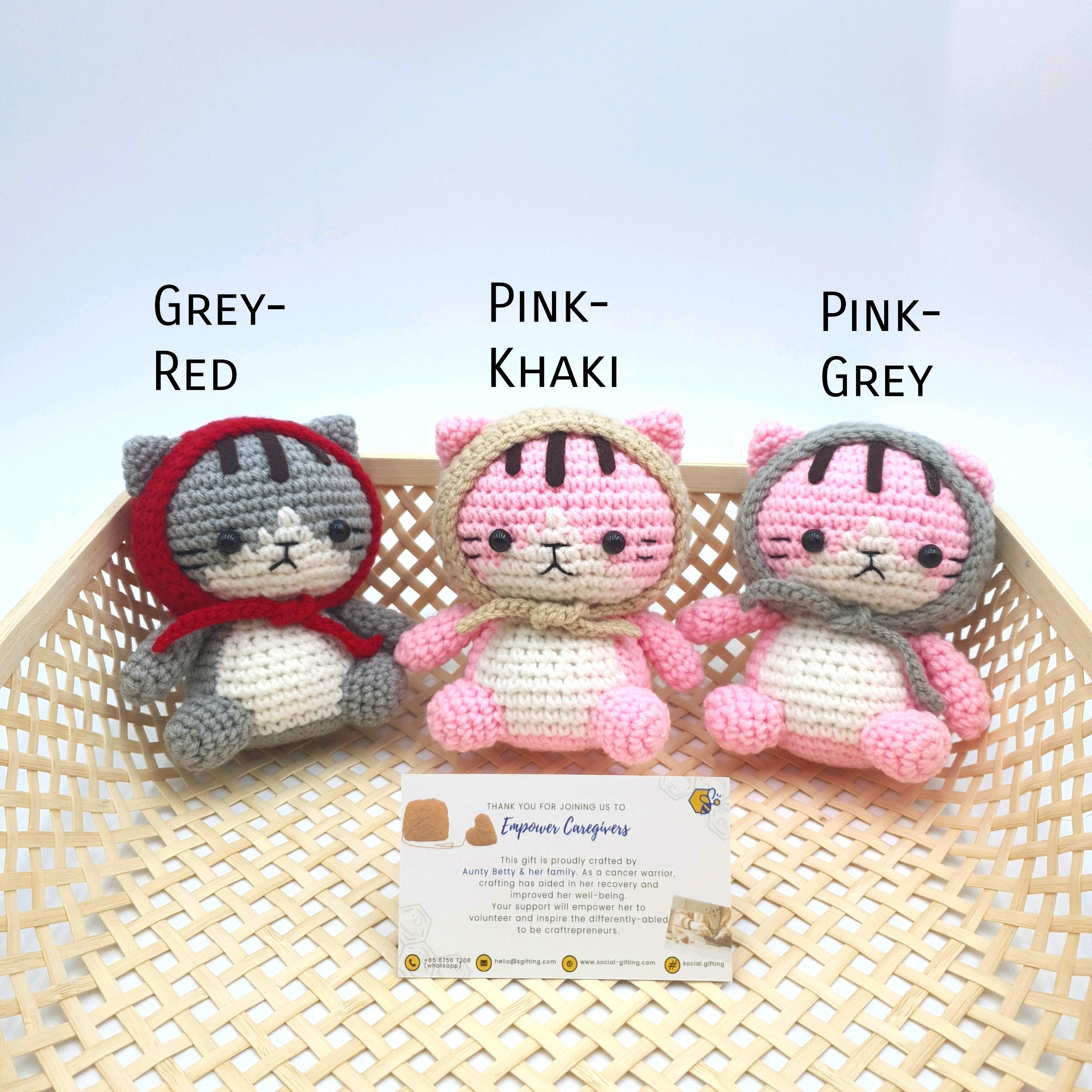 Hand crocheted cat in bonnet