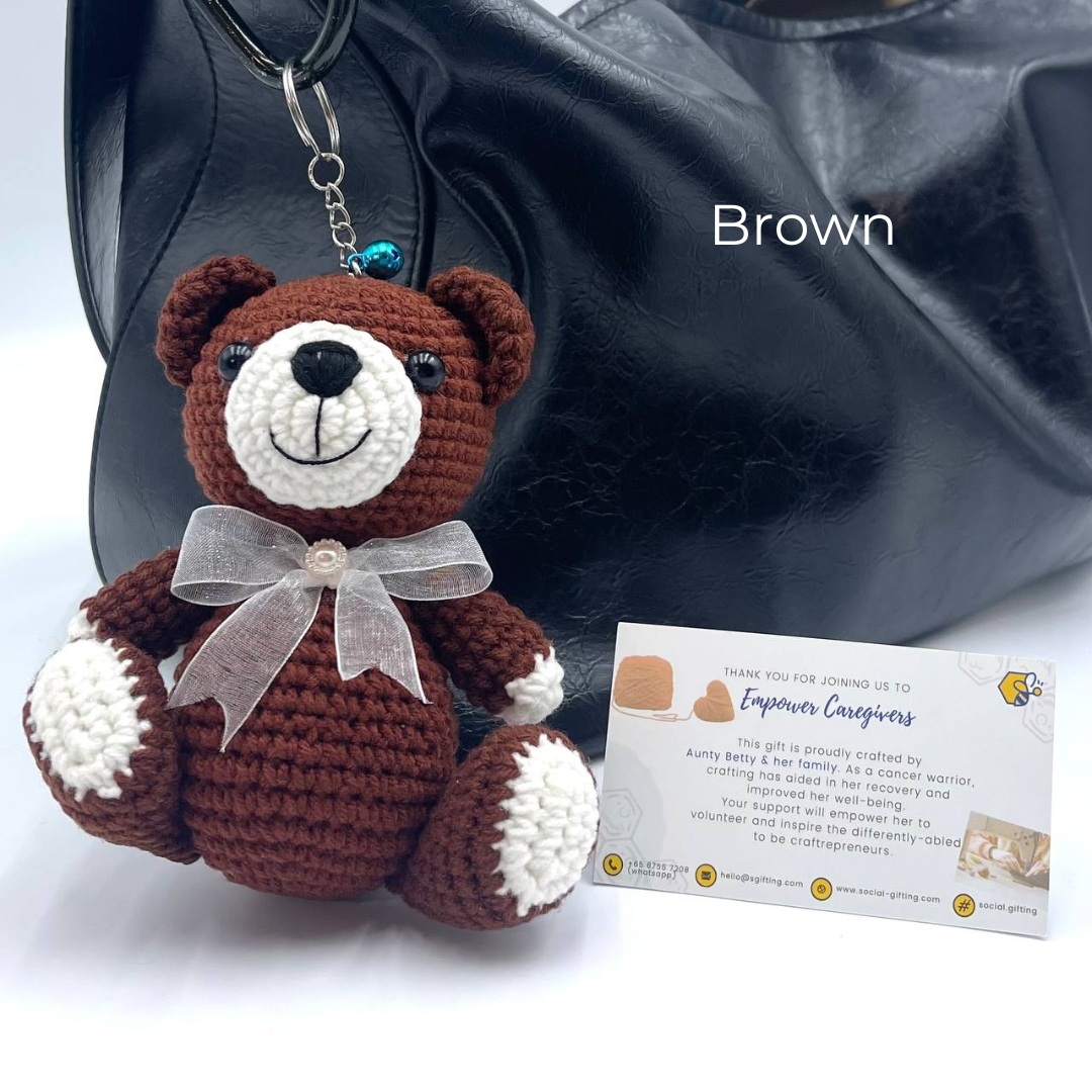 Hand crocheted bear with ribbon keyring